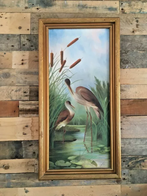 Aesthetic Movement Style Pond Herons Cattails Lily Pad C.russell Framed Painting 2