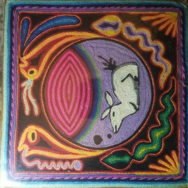 Vintage Huichol Mexican Yarn Art Painting 11.5” x 11.5” Signed On Wood