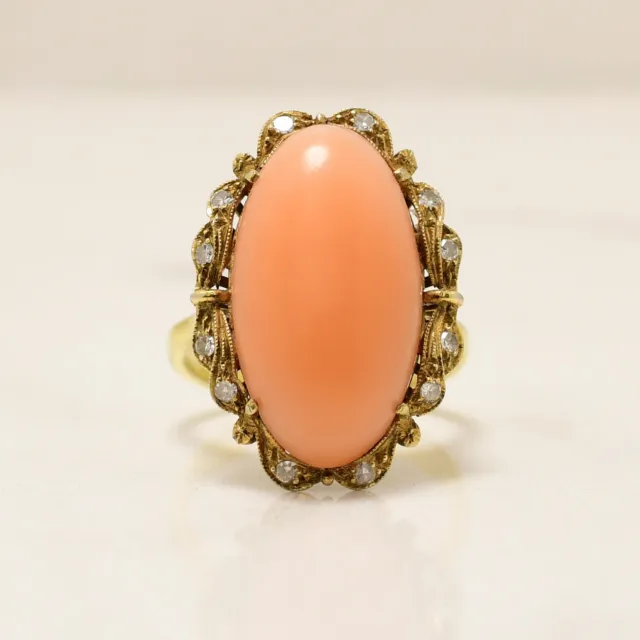 Victorian 18K Yellow Gold Angel Skin Coral and Diamond Ring