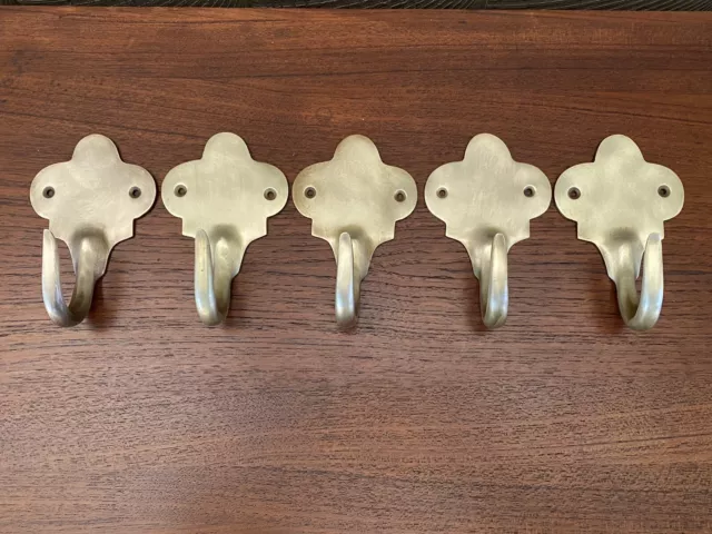 Set Of 5 Vintage Large Solid Brass Hooks - Antique Coat Towel Bathroom - Huge