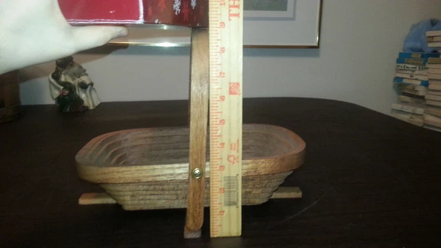 Folding Collapsible Wood Wooden Bowl Basket w/ Handle Mid Century Vintage