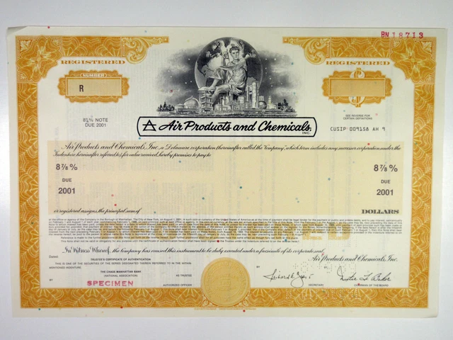Air Products & Chemicals, 1989 Registered 8 7/8% Specimen Bond, XF -Orange