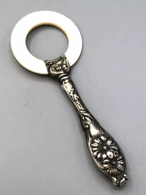 Antique Sterling Silver Teething Ring with Mother of Pearl Ring4"