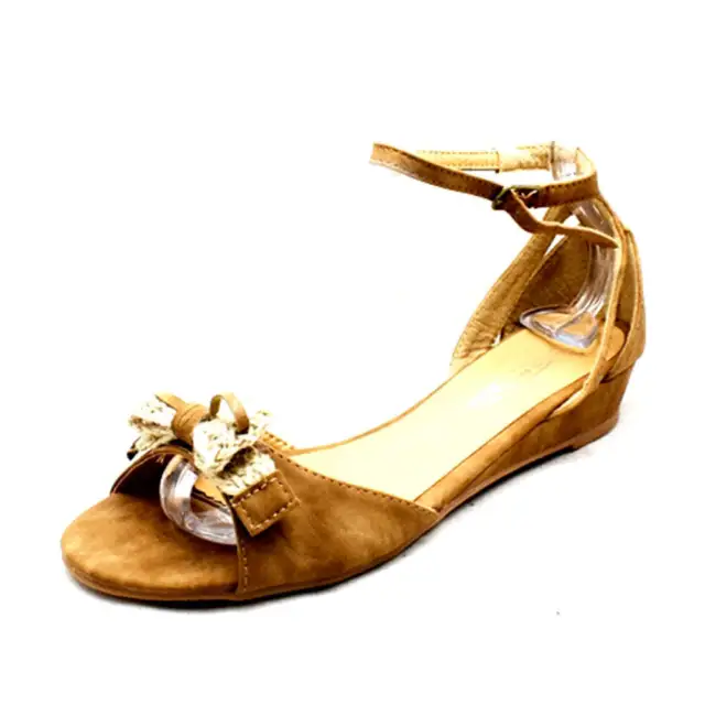 Ladies Canvas Low Wedge Sandals With Bow Toe Detail