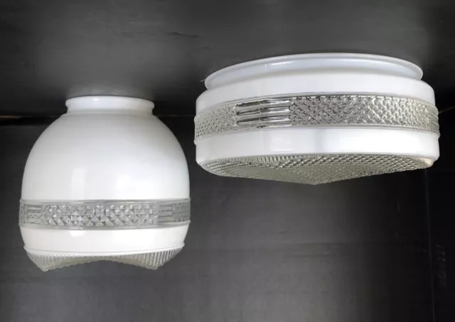 Two Mid Century Modern White & Clear Cut Glass Vintage Ceiling Light Fixtures