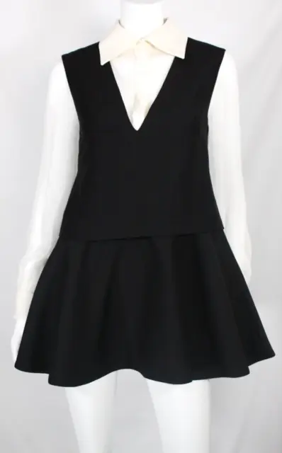 VALENTINO Black Wool & White Silk Woven Three-Piece Effect Mini Dress 40