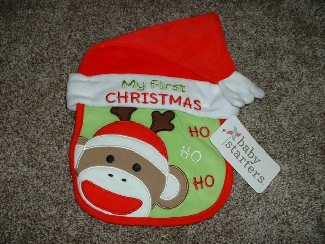 Baby Starters First Christmas Hat Bib Set Boy Girl Sock Monkey Santa 0 3 6 m NWT