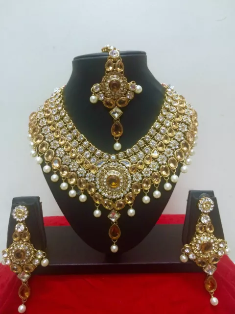 Indian Bollywood Diamante Gold Kundan Necklace Earrings Fashion Jewellery Set