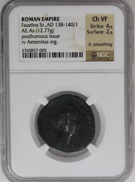 Ancient Roman Faustina Sr AD 138-140 AE As Ch VF 4/5 2/5 NGC