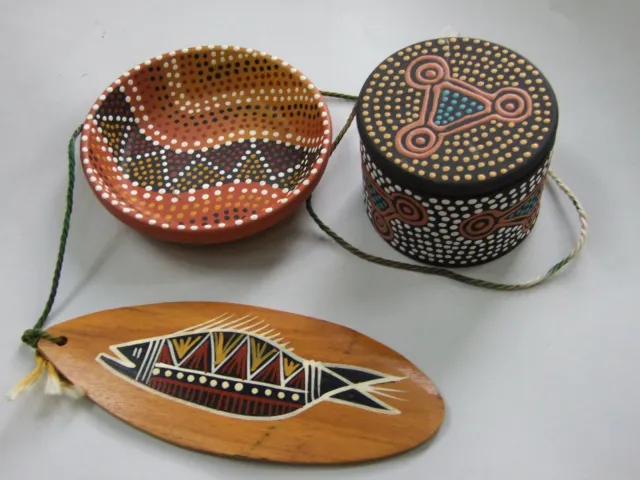 3X Vintage Aboriginal Art Collection Bullroarer Plate Box Dot Painted Bargains
