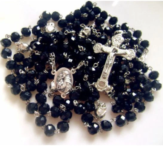 silver skull & black beads 15 Decade rosary cross crucifix Catholic Necklace