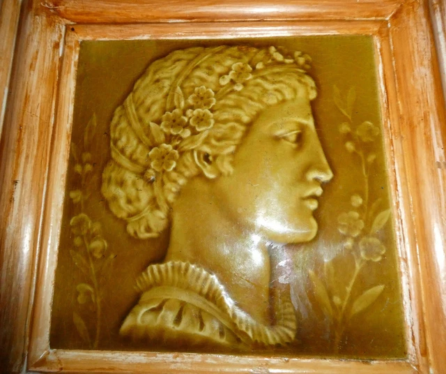 RARE MINTON Olive Green Majolica Portrait TILE Stoke on Trent. FRAMED IMPRESSED.