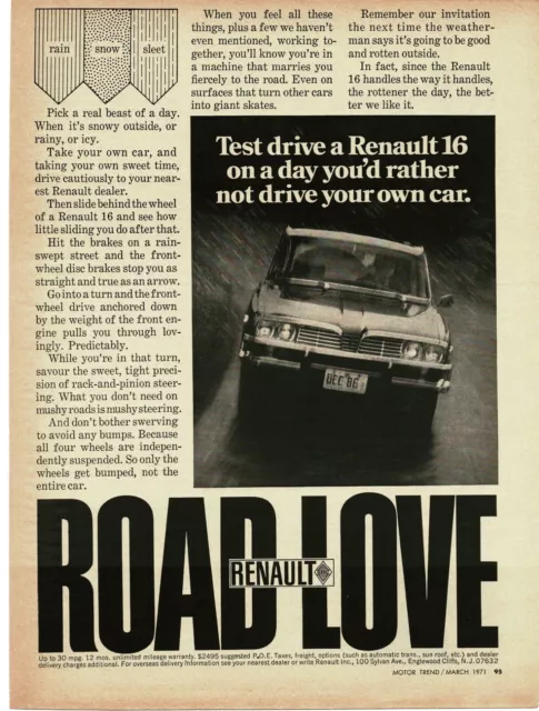 1971 RENAULT 16 4-door Sedan Road To Love Vintage Print Ad 2