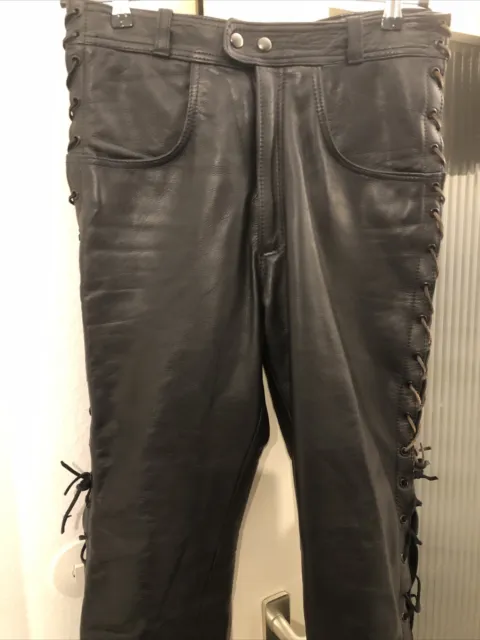 Pantaloni in pelle taglia 34 pollici/L112 cm, uomo, neri, pantaloni con lacci, appena indossati
