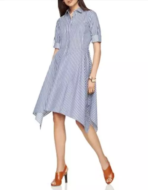 BCBGMAXAZRIA Beatryce Poplin Striped Collared Midi Shirt Dress Blue White Small