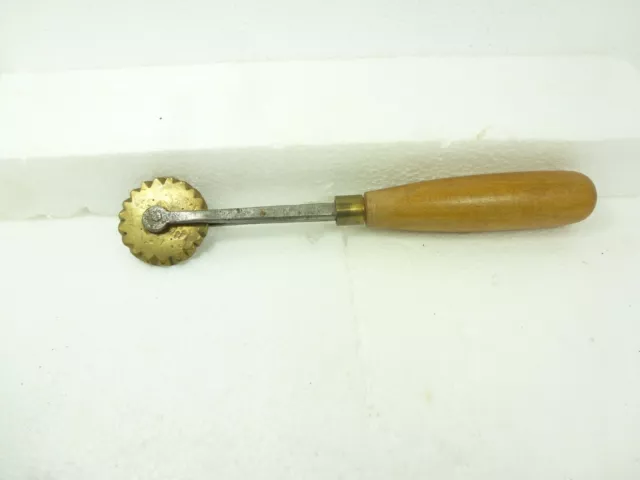 Antique Late 19th Century Pie Crimper Brass Wheel Forged Iron Bracket Maple Hand 2