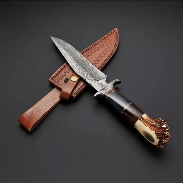 Custom Handmade Damascus Steel Hunting Bowie Knife handle Stag Antler/sheath