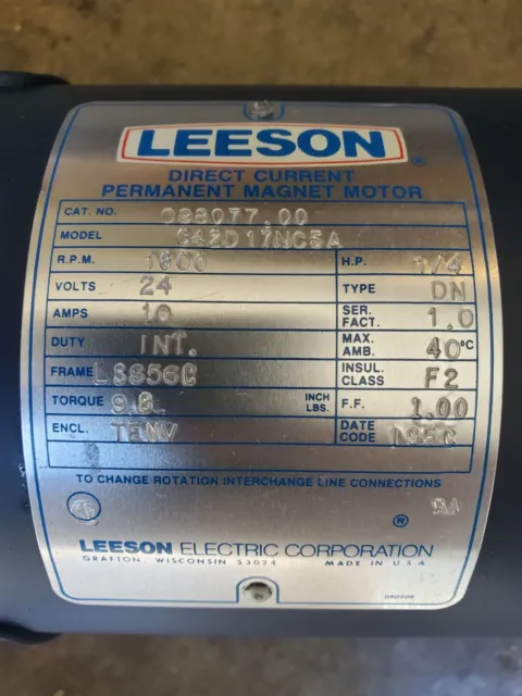 LEESON ELECTRIC MOTOR, 1/4hp, DC 24 Volt, 5/8" shaft. Part # C42D17NC5A