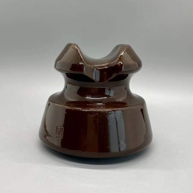 Vintage Brown Porcelain Saddleback Pole Type Insulator - Marked with 'V'