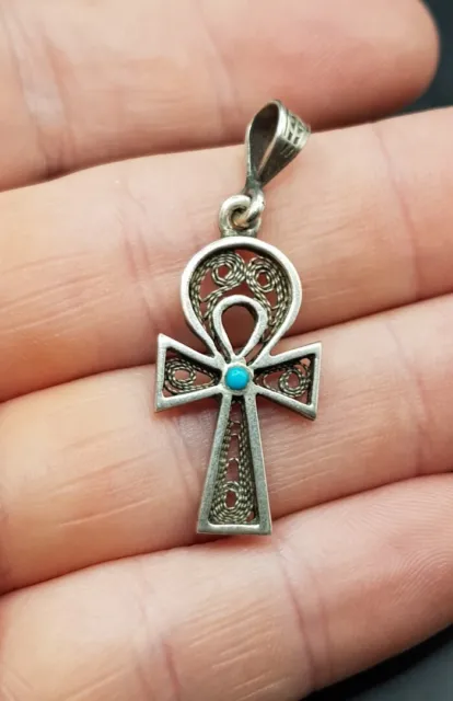 Vintage Egyptian Sterling Silver Filigree Ankh Cross Pendant. Egypt. FreeUKP&P