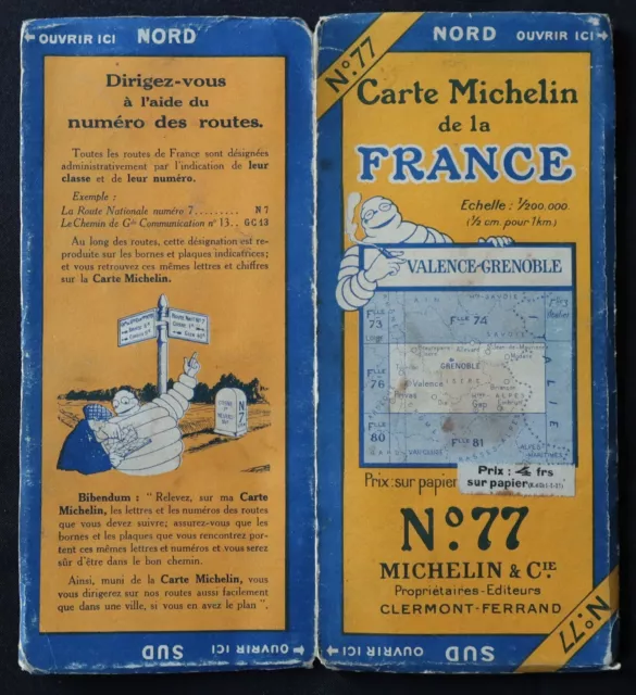 Carte 1926 MICHELIN 77 VALENCE GRENOBLE Guide Bibendum pneu tyre map