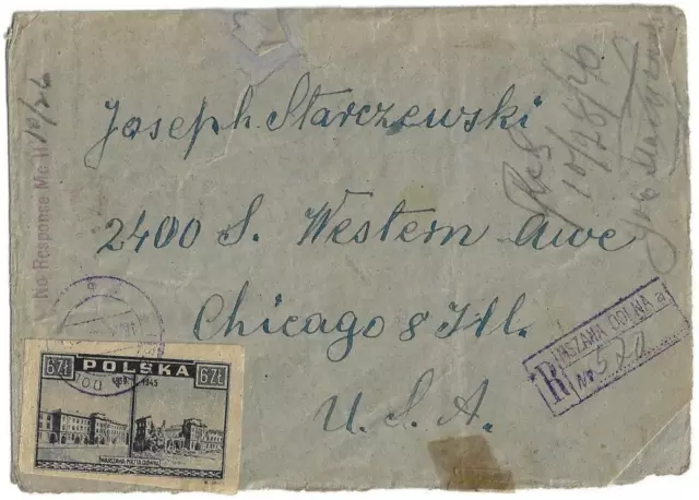 Poland 1946 Post War Registered Warsaw Frnaked With Imperf Issues To Chicago Us