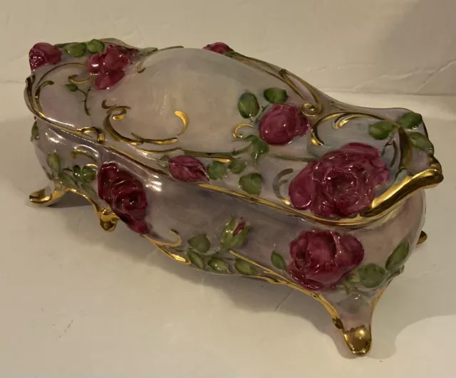 Porcelain Dresser Top Floral Jewelry Box With Gold Trim