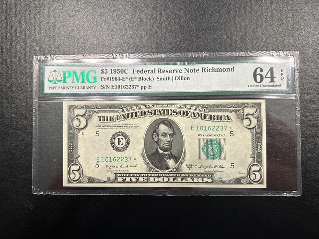 1950C* $5 Pmg64 Epq Choice Uncirculated Federal Reserve *Star* Note Richmond