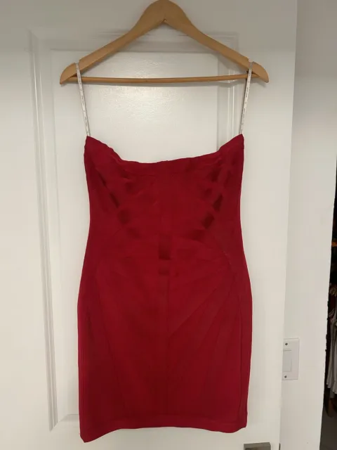 Herve Leger Hot Red Strapless Bandage Dress Size Large