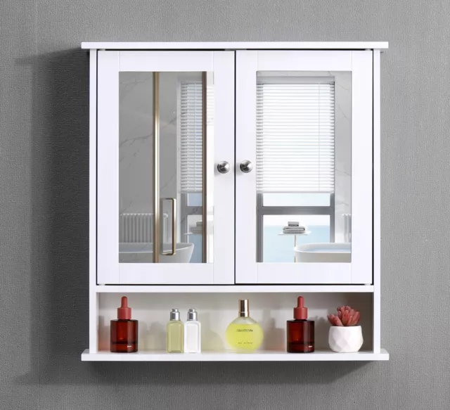 Bathroom Wall Cabinet Storage Cupboard with Mirror Wooden Shelves White