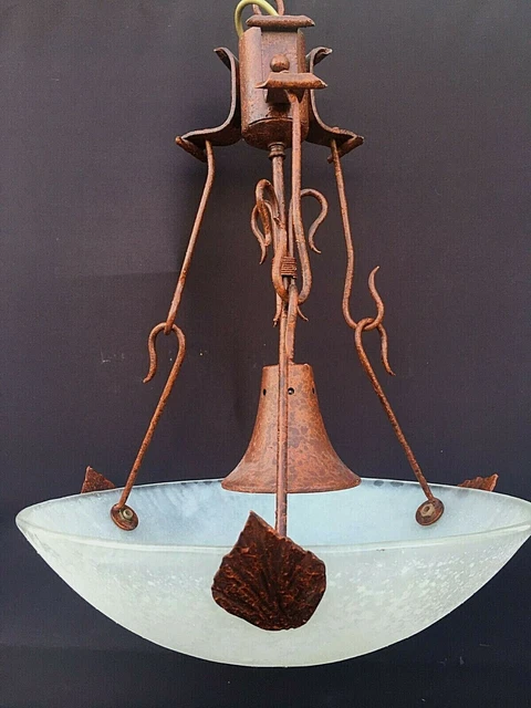 Lampe à Suspension En Fer Forgé Arts And Crafts Avec Lanterne En Verre De Cath%c3%a9drale