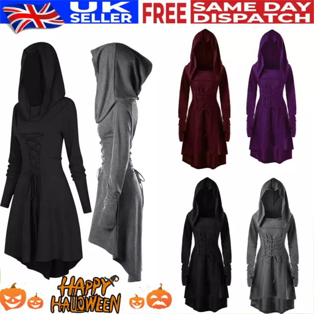 Womens Gothic Punk Cosplay Cloak Cape Coat Halloween Witch Costume Hooded Dress