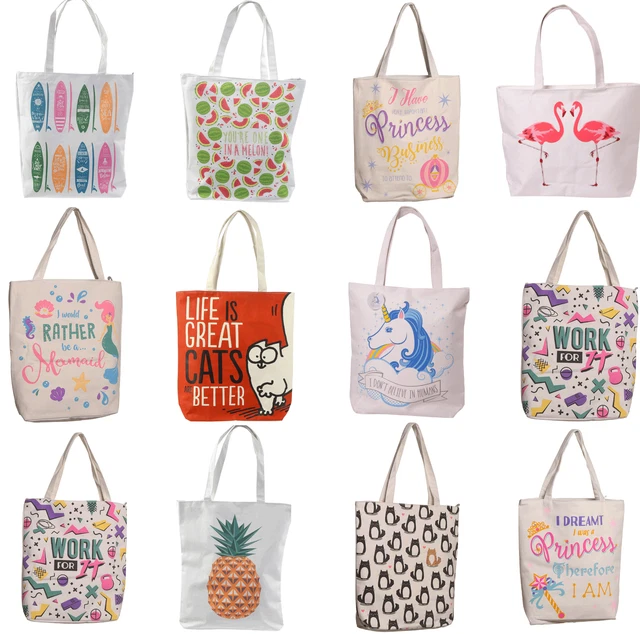 Cotton Zip Lining Reusable Womens Shopping Bag Shopper Handles Tote Beach Bags