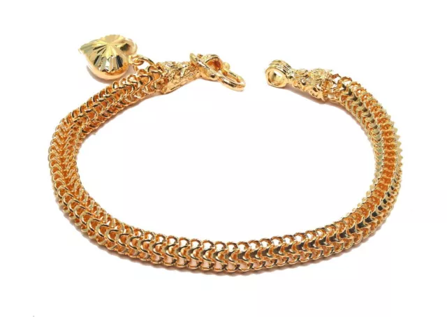 Lovely 7" 5.4mm Herringbone Heart Charm Bracelet 24K Gold GP Thai Made GT54