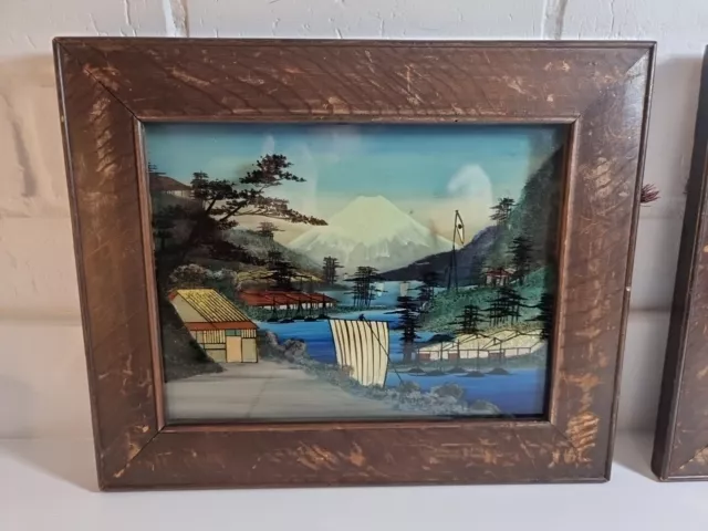 Pair Of Antique Japanese Reverse Painting On Glass Mount Fuji Original Frame 2