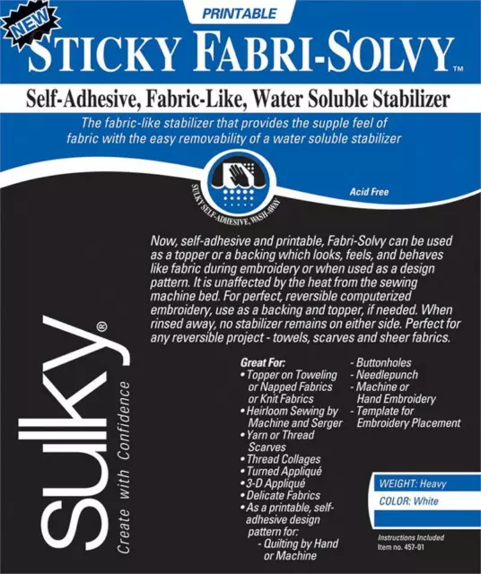 Sulky Sticky Fabri Solvy Embroidery Stabilizer Backing Self-Adhesive Wash Away