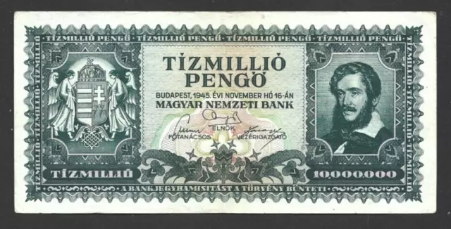 10 Million Pengo Very Fine  Banknote From  Hungary 1945 Pick-123