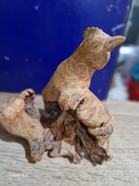 Hand Carved Wooden Cockerell Ornament Figure on a tree root Burr Wood