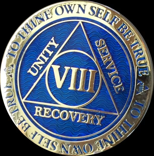 8 Year AA Medallion Blue Gold Plated Alcoholics Anonymous Sobriety Chip Coin