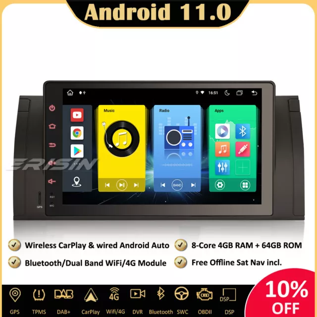 9" DAB+Android 11 Autoradio GPS CarPlay 4GB+64GB SWC for BMW 5 Series E39 X5 E53