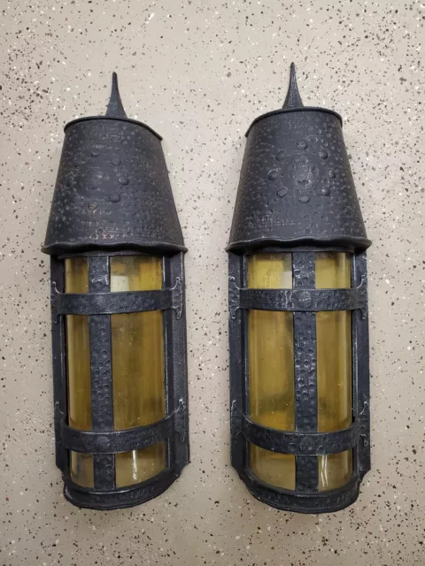 Pair MCM THOMAS Black Aluminum Gothic Outdoor Wall Light Fixtures Amber Glass