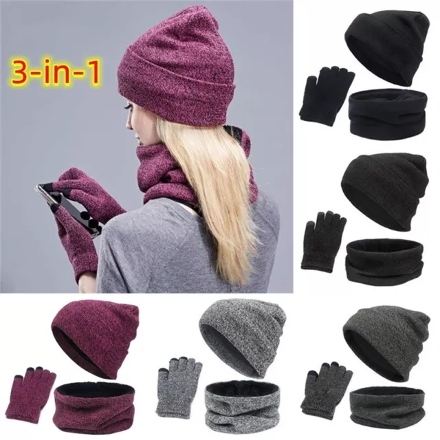 3Pcs/Set Winter Thermal Beanie Knit Hat Glove Neck Scarf Men Women Ski Snow Caps