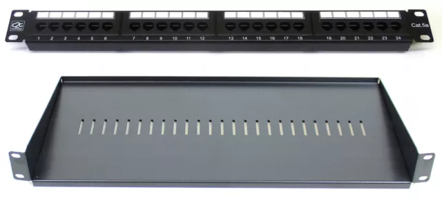 Cat 5E 24 Port Patchpanel + 200 mm Rackhalterung Regal 1U 19"" Netzwerk Kommunikationsschrank