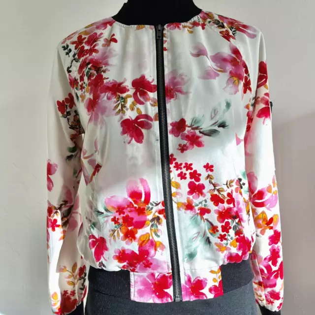 Womens Sanctuary Floral Ivory and Pink Zip Up Bomber Jacket Size Small Pockets