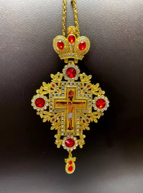 Greek Russian Orthodox Priest Pectoral Cross Pendant Gold Plated Red Stones