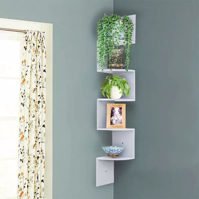 5 Tier Floating Wall Shelves Corner Shelf Storage Wood Display Bookcase Unit UK