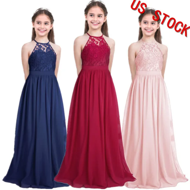 US Girls Chiffon Dresses Lace Flower Wedding Bridesmaid Dress Formal Ball Gown