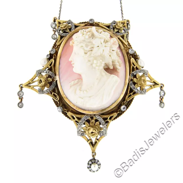 Antique Victorien 18k Or Sculpté Blanc Coque Rose Cameo Broche W/Diamant Cadre