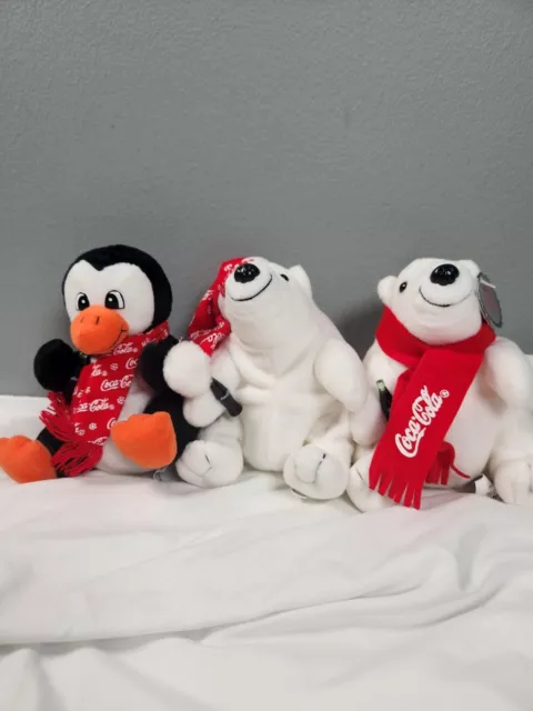 Lot of 3 Coca Cola Bean Bag Plush Toys Polar Bear Seal Penguin