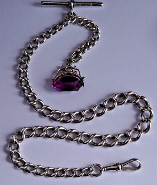 ANTIQUE SOLID SILVER pocket watch albert chain & swivel fob set w